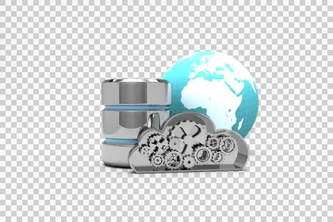 Database server icon with metallic cloud and earth Stockfoto's
