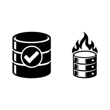 Database server icons with check mark and fire symbols Stock Illustration