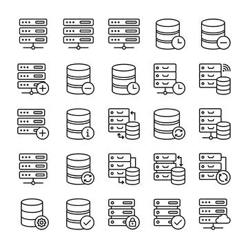 Database server icons set with various operations like add, delete, informa.. Stock Illustration