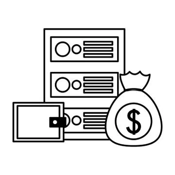 Database server money bag and wallet fintech Illustrazione stock