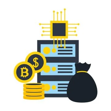 Database server money bag bitcoi dollar circuit fintech Stock Illustration
