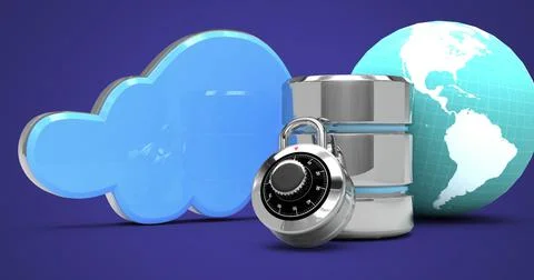 Database server over cloud icon and globe against blue background Stock Illustration
