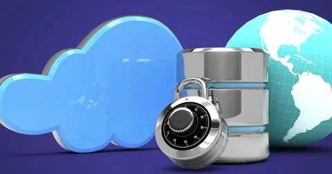 Database server over cloud icon and globe against blue background Stock Illustration