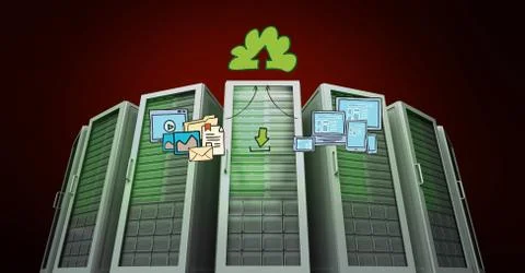 Database server systems with cloud computing concept on red background Illustrazione stock