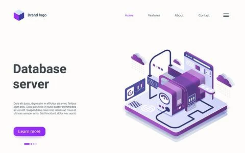 Database server technology isometric landing page, data flow processing abstract Stock Illustration