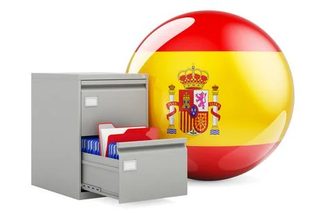 Database in Spain, concept. Folders in filing cabinet with Spanish flag, 3D r Stock Illustration