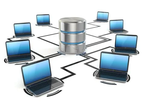 Database storage and laptops. networking concept Illustration