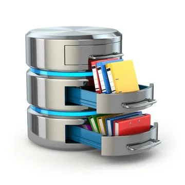 Database storage concept. Hard disk icon with folders isolated on white. D... Stock Photos