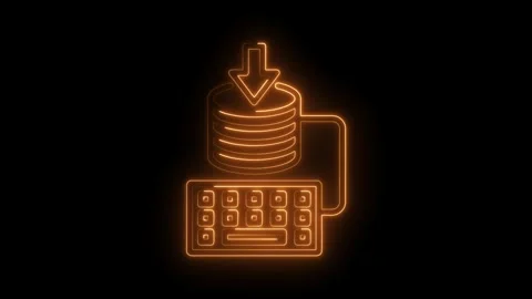 Database storage download neon icon above a glowing keyboard on dark backgrou Stock Footage 309916296