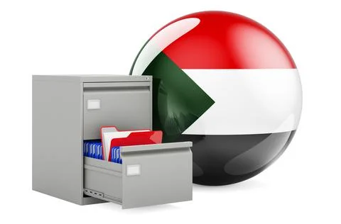 Database in Sudan, concept. Folders in filing cabinet with Sudanese flag, 3D  Stock Illustration