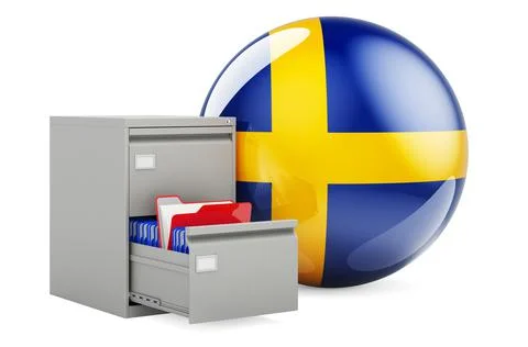 Database in Sweden, concept. Folders in filing cabinet with Swedish flag, 3D  Stock Illustration