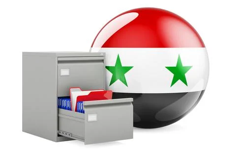 Database in Syria, concept. Folders in filing cabinet with Syrian flag, 3D re Stock Illustration