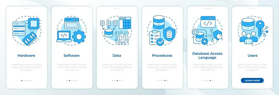 Database system elements blue onboarding mobile app screen Illustrazione stock