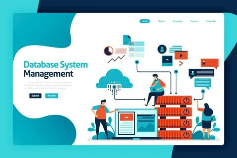 Database system management landing page design. manage, control and manage da Stock Illustration