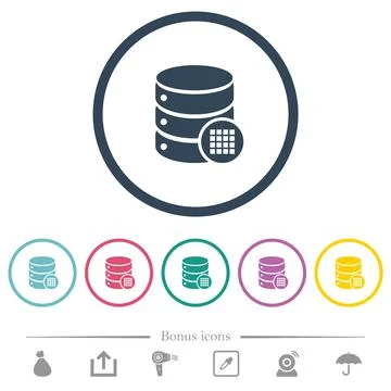 Database table cells flat color icons in round outlines Stock Illustration