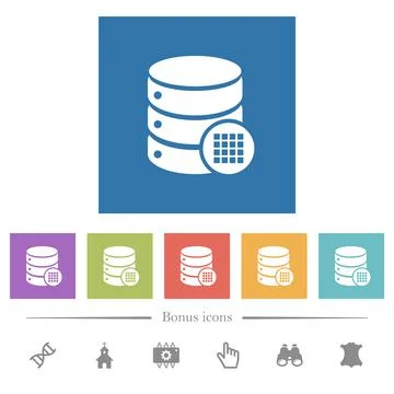 Database table cells flat white icons in square backgrounds 库存插图