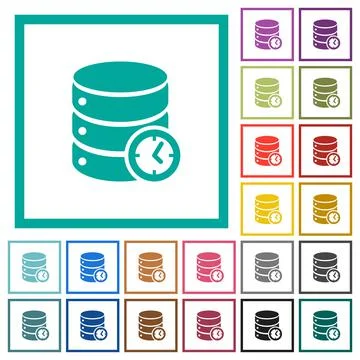 Database timed events flat color icons with quadrant frames Stock Illustration
