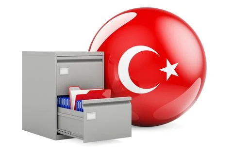 Database in Turkey, concept. Folders in filing cabinet with Turkish flag, 3D  Stock Illustration