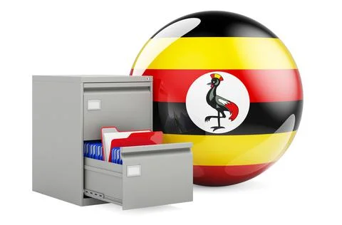 Database in Uganda, concept. Folders in filing cabinet with Ugandan flag, 3D  Stock Illustration