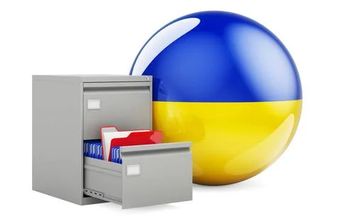 Database in Ukraine, concept. Folders in filing cabinet with Ukrainian fla... Foto stock