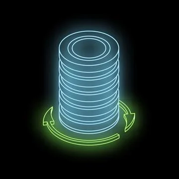 Database updating with rotating arrows in neon style on black background Illustrazione stock