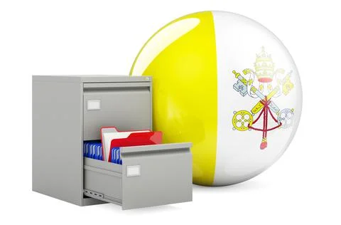 Database in Vatican, concept. Folders in filing cabinet with Vatican flag, 3D Stock Illustration