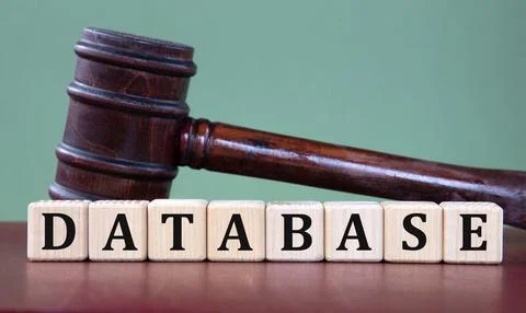 DATABASE - word on wooden cubes on background of judge's gavel Stock Photos