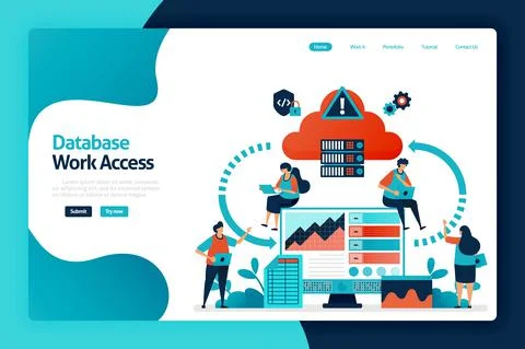 Database work access landing page design. database network flow and connectio Stock Illustration