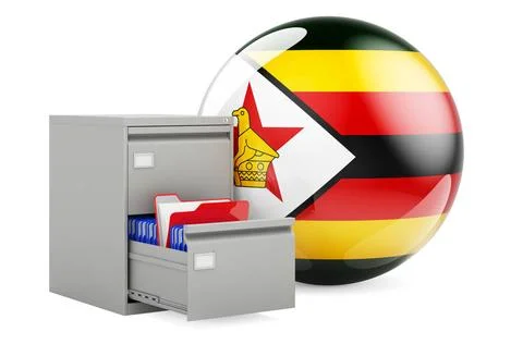 Database in Zimbabwe, concept. Folders in filing cabinet with Zimbabwean f... Foto stock