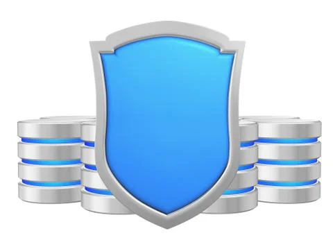 Databases group behind blue metal shield data privacy concept Stock Illustration