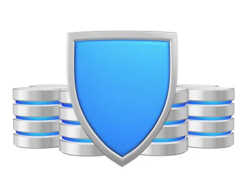 Databases group behind metal blue shield data protection concept Stock Illustration