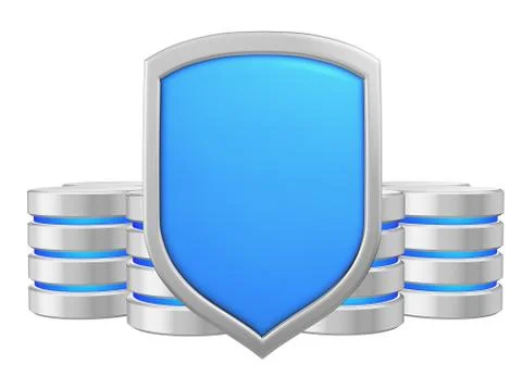 Databases group behind metal blue shield data privacy concept Stock Illustration