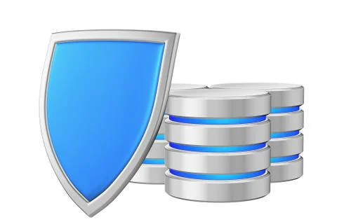 Databases group behind metal blue shield on left data protection Stock Illustration