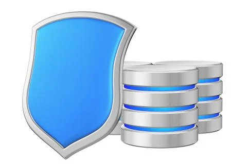 Databases group behind metal blue shield on left data protection Stock-Illustration