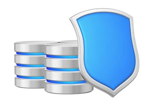 Databases group behind metal blue shield on right data protectio Stock Illustration