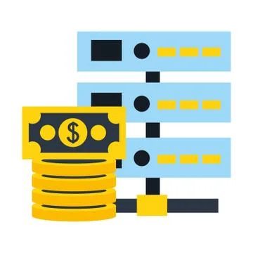 Databse server banknote stack coins fintech Illustrazione stock