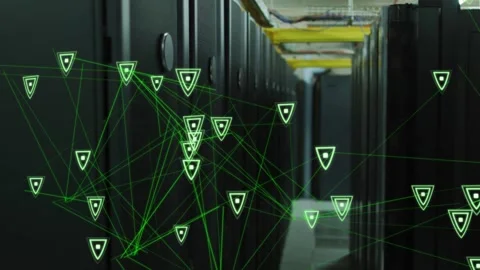 Datacenter aisle showing network scan starting green nodes linking across racks Stock Footage 333494212