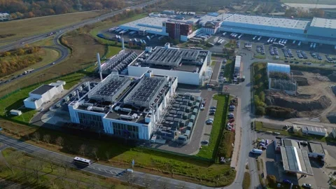 Datacenter building global cloud computing. Gorgeous aerial view flight drone Stock Footage 321350125