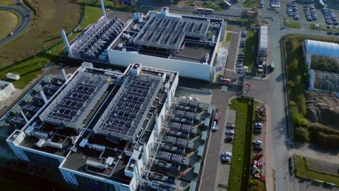 Datacenter building global cloud computing. Nice aerial view flight drone Stock Footage 321350477