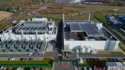 Datacenter building global cloud computing. Dramatic aerial view flight drone Video stock 321350499