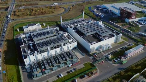 Datacenter building global cloud computing. Smooth aerial view flight drone Stock Footage 321350521