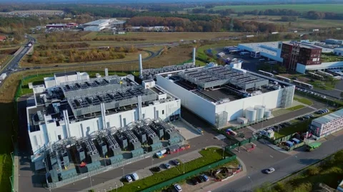 Datacenter building global cloud computing. Perfect aerial view flight drone Stock Footage 321350591