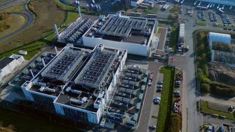 Datacenter building global cloud computing. Magic aerial view flight drone Stock Footage 321350605