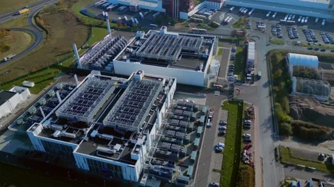 Datacenter building global cloud computing. Majestic aerial view flight drone Stock Footage 321350694