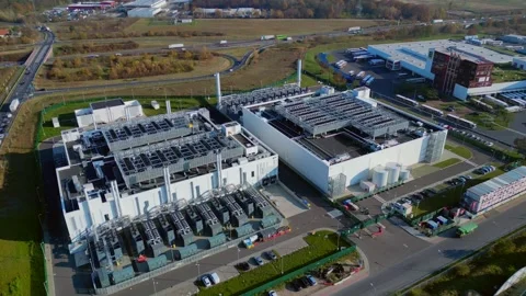 Datacenter building global cloud computing. Lovely aerial view flight drone Stock Footage 321350893