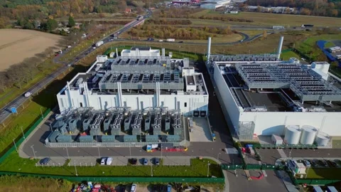 Datacenter building global cloud computing. Unique aerial view flight drone Video stock 321350950
