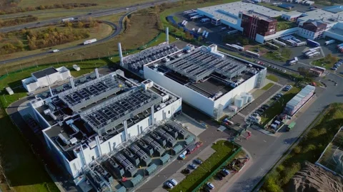 Datacenter building global cloud computing. Great aerial view flight drone Stock Footage 321350982