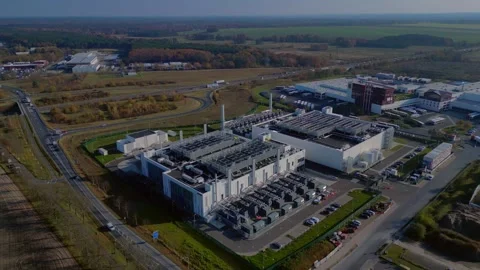 Datacenter building global cloud computing. Marvelous aerial view flight drone Stock Footage 321351134