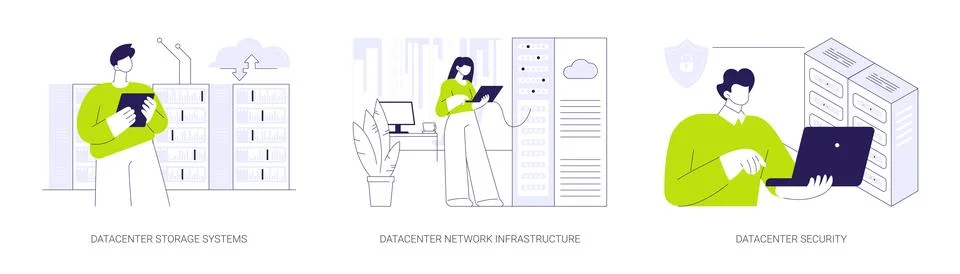Datacenter core components abstract concept vector illustrations. Illustrazione stock