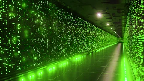 Datacenter corridor flashing green lights reflecting on floor 스톡 동영상 315989025